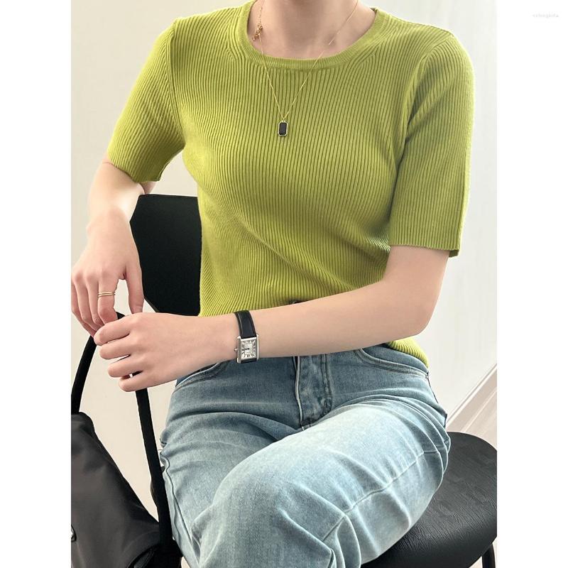 

Women's T Shirts Round Neck Short-sleeved Knitted T-shirt Women's 2023 Spring And Summer Korean Style Thin Pit Striped All-match Top, Black