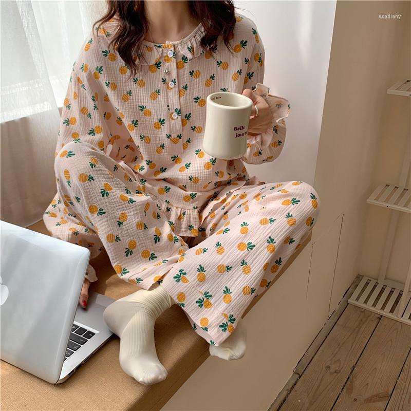 

Women's Sleepwear Cotton Women Pajama Set Autumn Winter Homewear 2 Piece Ruffles Pineapple Long Sleeve Pullovers Pants Pyjamas L615, Apricot