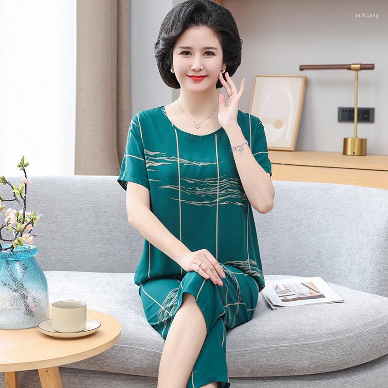 

Women's Sleepwear 2023 Arrival Female Pajamas Set Women Viscose Print Flower Pyjamas Summer Loose Nightwear Home Large Size XL-5XL, Style 3