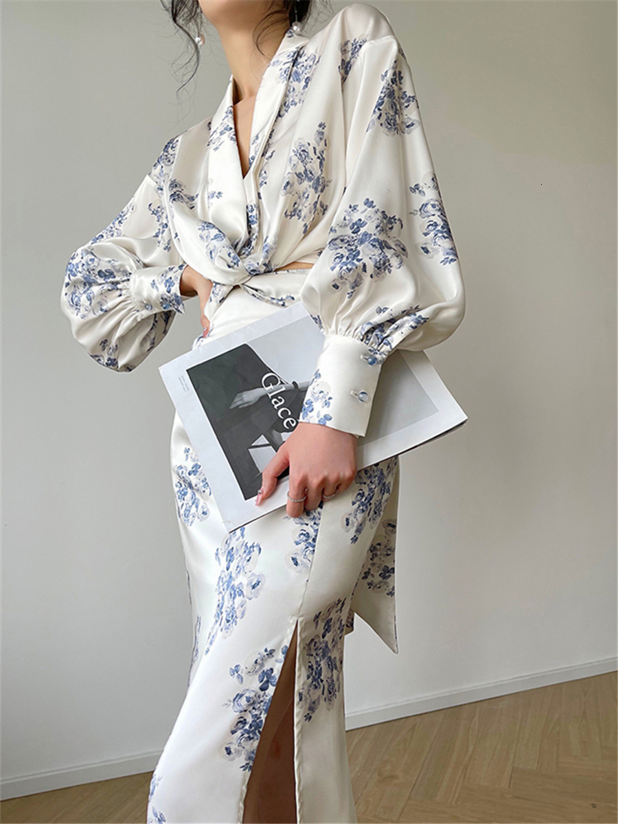 

Two Piece Dress Long Sleeve Tops Split Package Hip Skirts Women Vintage Slim Summer Fashion Female Printed 2 Pieces Skirts Sets Suits 230509, Multi