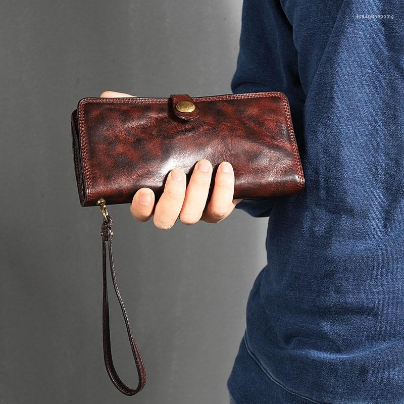 

Wallets 2023 Vintage Leather Long Wallet Men's Clutch Bag Card Holder Purse Trendy Men Casual Retro Fold Soft