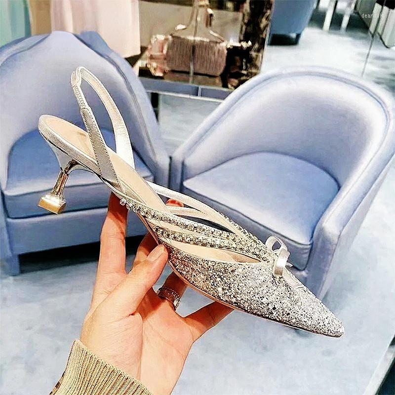 

Sandals 2023 Pointed Toe Back Stumbling Sequin Fashion Women's Shoes Bow Rhinestone Stiletto All-match High Heels Women, Silver heel (6.5cm)