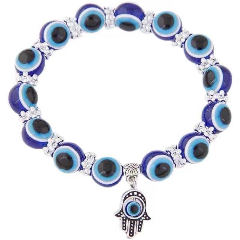

Vintage Blue Eyes Beads Hand Strand Bracelet Evil Eye Beaded