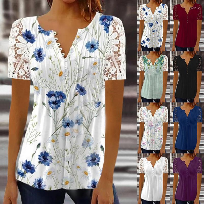 

Women's T Shirts Summer Office Lady V Neck Top Women Lace Stitching Pleated Printed Buttons Short-sleeved T-shirt All-match Casual Pullover, Blue