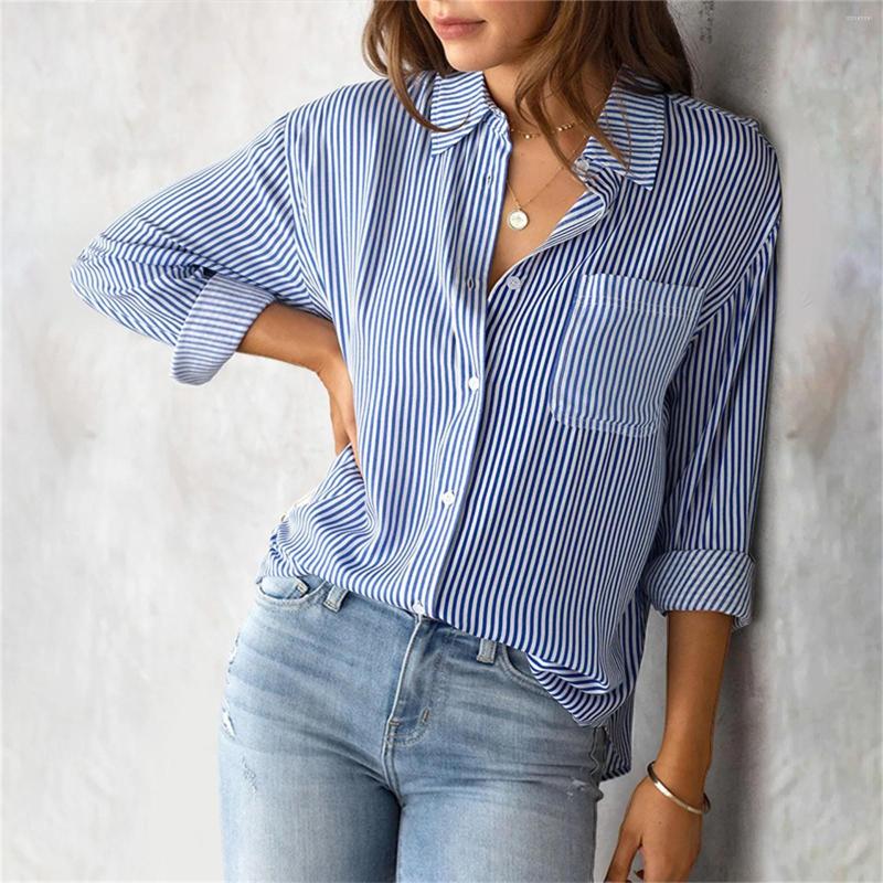 

Women's Blouses Women Striped Print Shirts Summer Turn Down Collar Long Sleeve Button OL Blouse Tops Elegant Female Lady Office Cardigan, Red