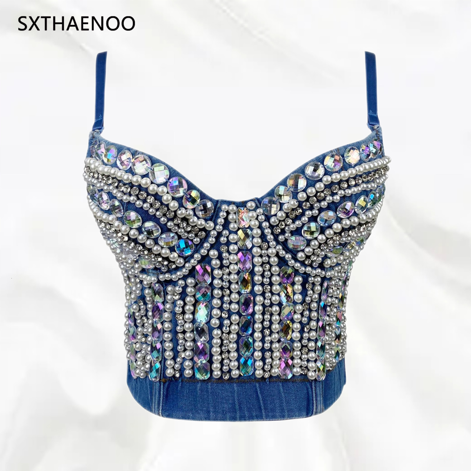 

Camisoles Tanks SXTHAENOO 2023 Women's Heavy Industry nailed beaded DiamondStudded Sexy Crop Top Fashion Denim Sling Vset 230508, Blue