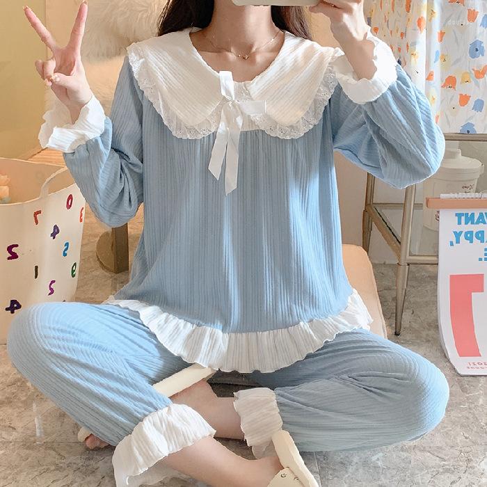 

Women's Sleepwear Women Full Sleeve Pant Cotton Sweet Ruffles 2PCS Pajamas Suit Lace Bow Trim Nightwear Spring Autumn Loose Home Pyjama, Blue