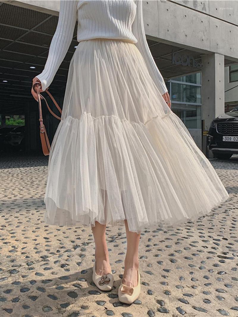

Skirts 6-Color Women'S Spring And Summer Long Mesh Skirt Solid Color Elastic Band Pleated A-Line Splicing, Black