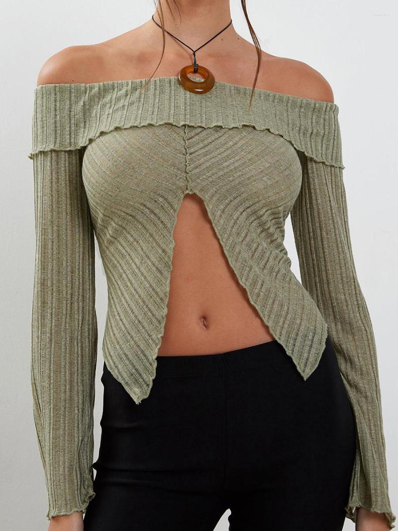 

Women's T Shirts Women's Knit Tops Off Shoulder Long Sleeve Solid Color Slim Fit T-Shirt Split Hem Blouse, Black