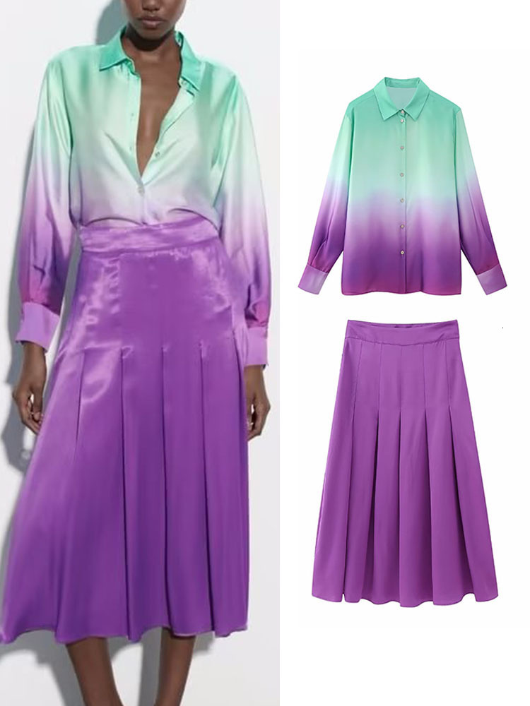 

Two Piece Dress TRAF Women Tie Dye Shirts Skirts Sets Causal Single Breasted Long Sleeve Blouse High Waist ALine Fashion Outwear 230509