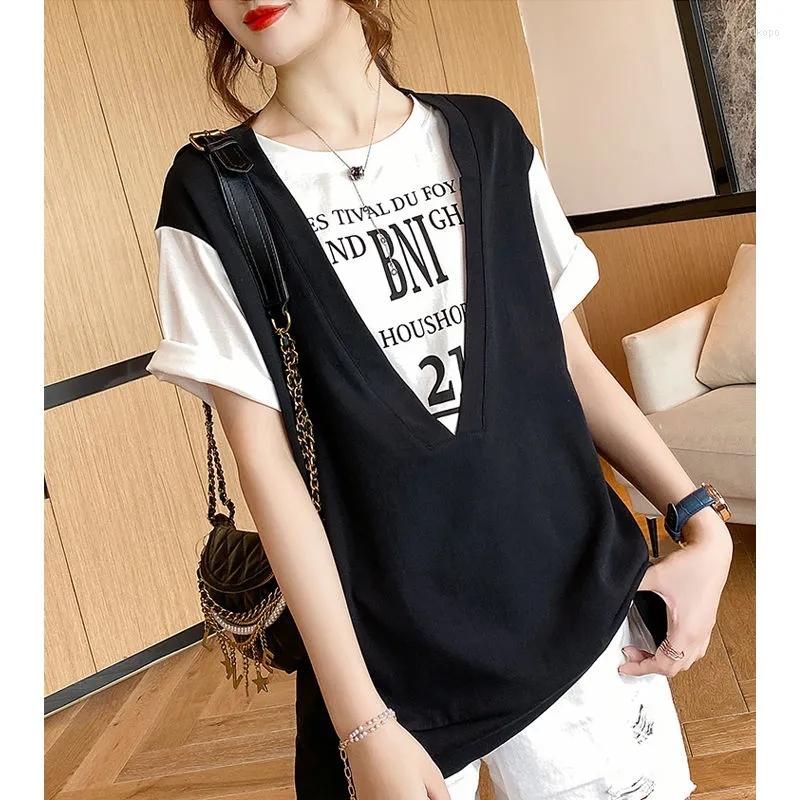 

Women's T Shirts Fake Two Women's Summer Tee Shirt Short Sleeve Elegant Aesthetic Design Letter Loose Casual 2023 Chic Blouse, Black