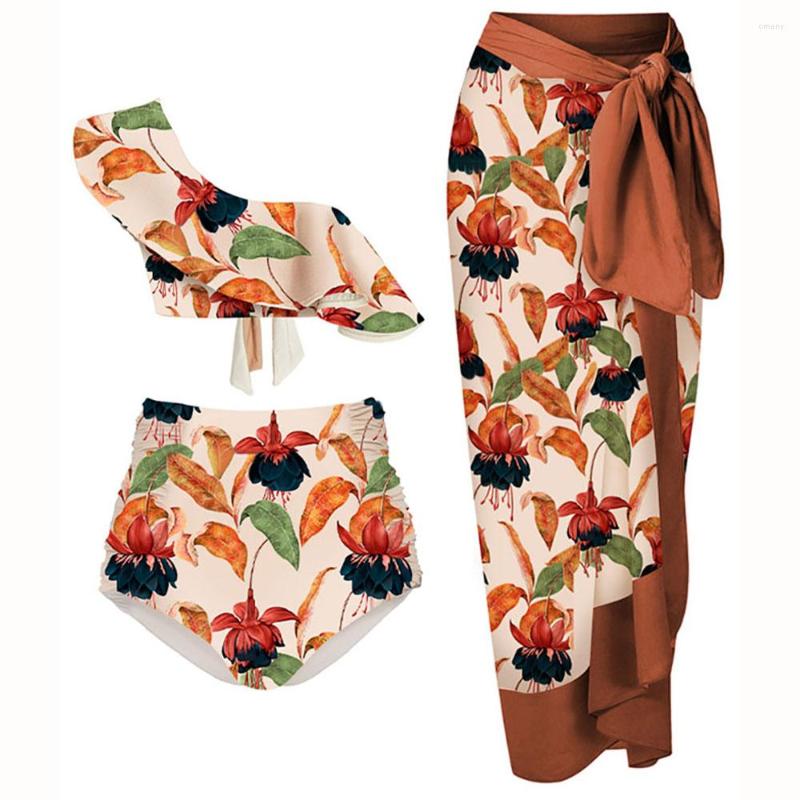 

Women' Swimwear 2023 Fashion Printed One Shoulder Swimsuit Women' Skinny High Waist Cropped Bikini Suit Sexy Backless Chic Beachwear, Beige