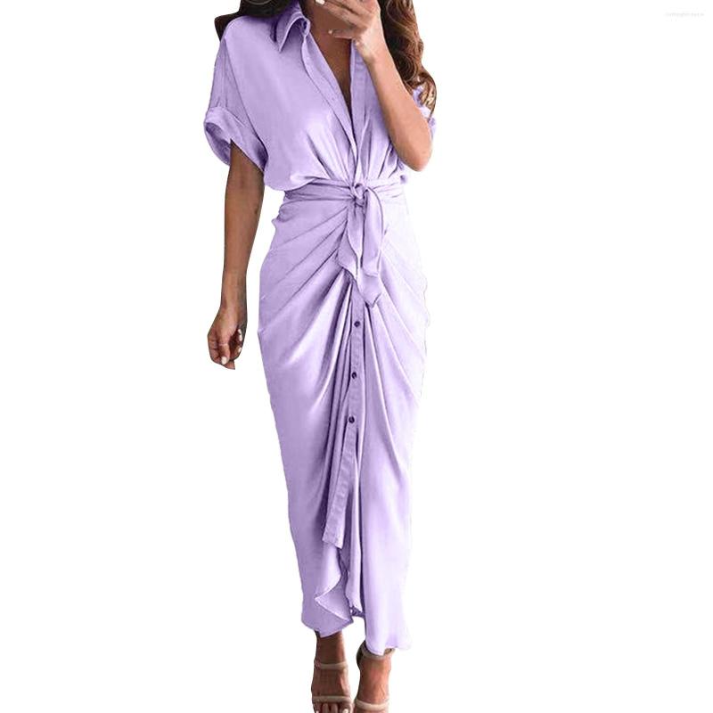 

Casual Dresses Women' Summer Chiffon Long Dress Short Sleeve Temperament Commuting High Waist Button, Purple