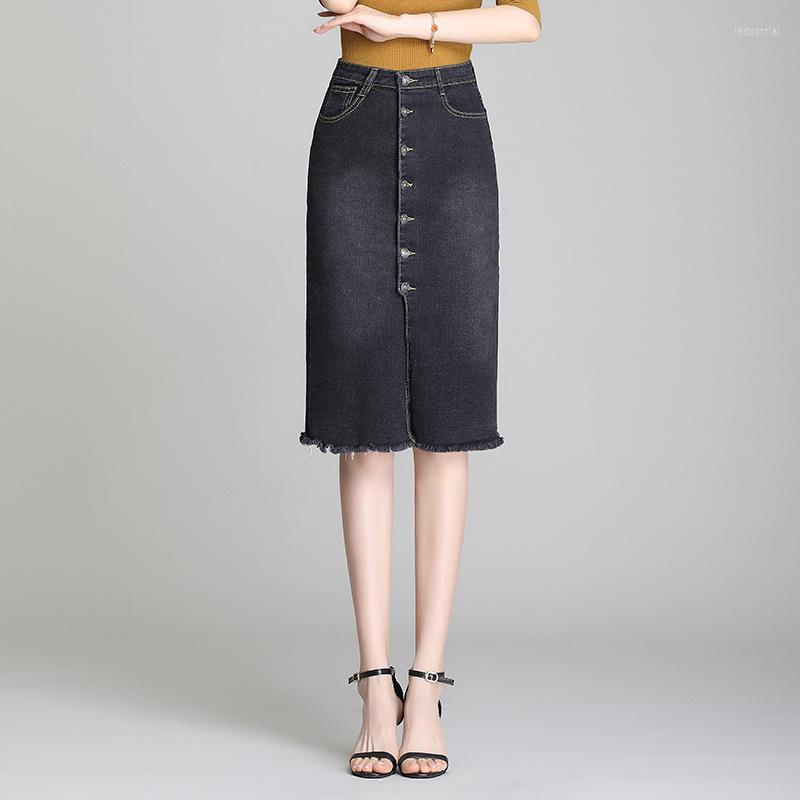 

Skirts Women High Waist Bodyon Denim Skirt Female Elegant Vintage Slim Single Breasted Knee-length Jean Pencil, Black