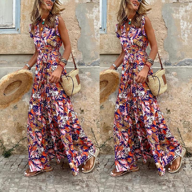 

Casual Dresses Summer Dress Women Printed V Neck Sleeveless Backless Split Long High Waist Pullover Elegant 2023 Vestidos, Mixed