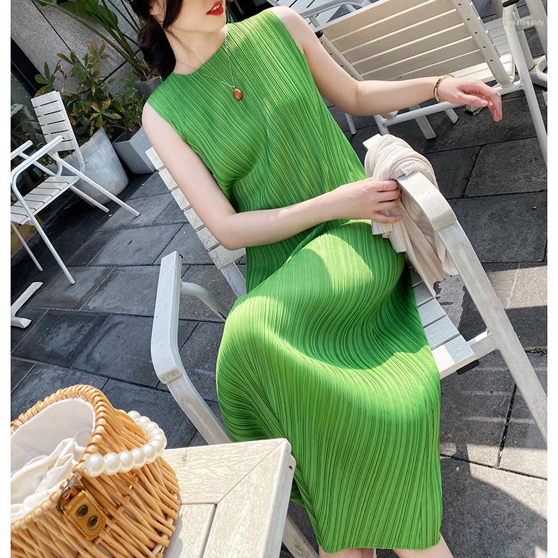 

Casual Dresses Summer Miyake Pleats Classic Basic Straight Sleeveless Vest Dress Fold Versatile Fashion Western-style Bottom Skirt 8 Colors, Pink