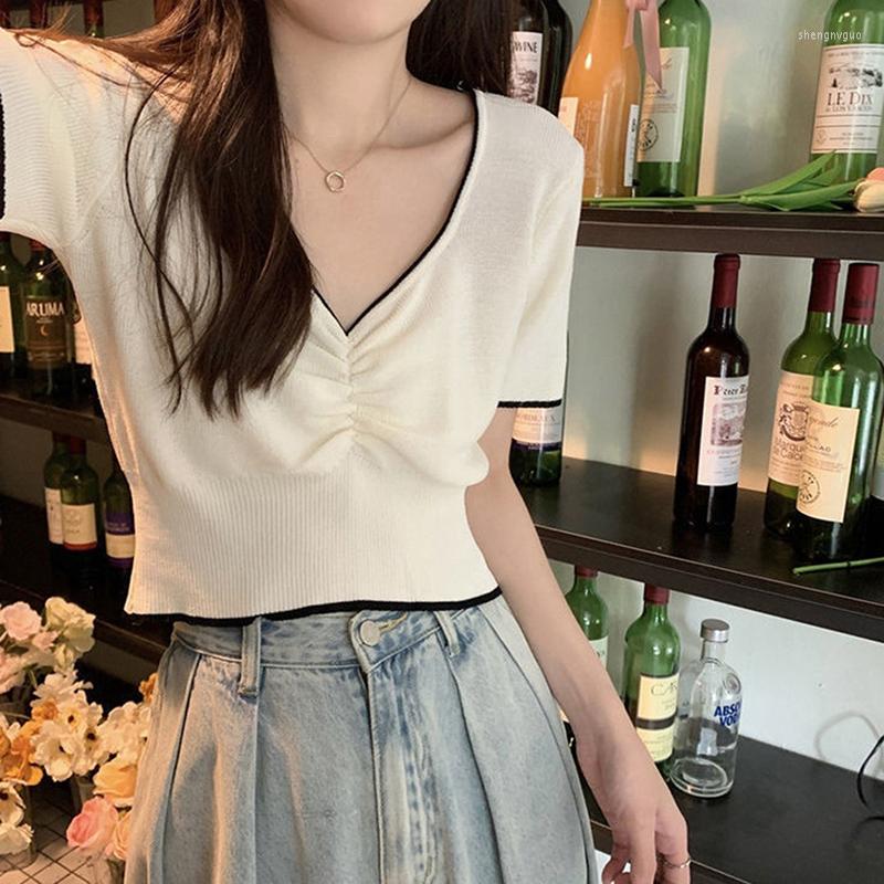 

Women's T Shirts Summer Korean Woman Tshirts Fashion Retro Slim Fit Solid Vneck Knitted Short Sleeves Folds Pullover Tops, Black