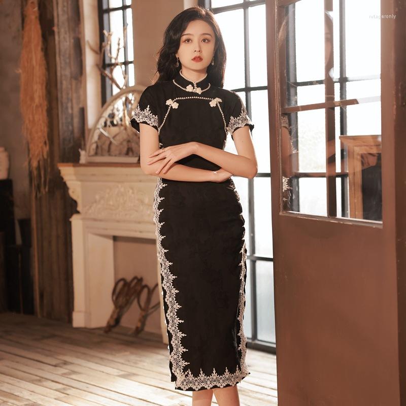 

Ethnic Clothing Luxurious Women Evening Party Dress Chinese Girl Stage Show Qipao Elegant Ladies Lace Cheongsam Exquisite Sexy Pearl Gown
