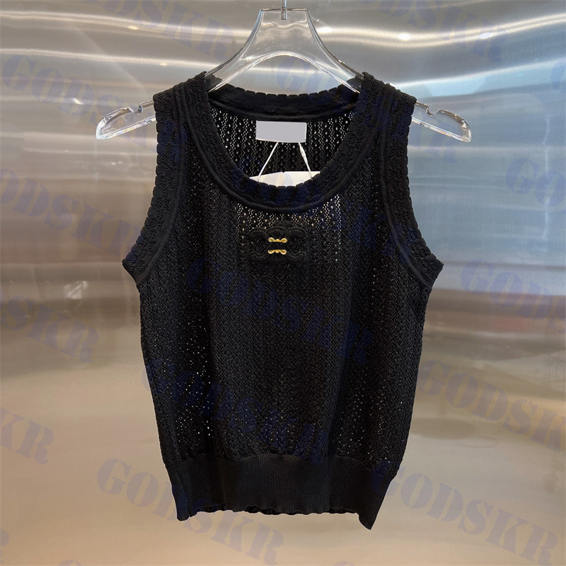 

Gold Logo Tops Hollow Knitted Tanks For Women Classic Black Vests High Quality Sweater Tees Clothes, Pls contact me real pic