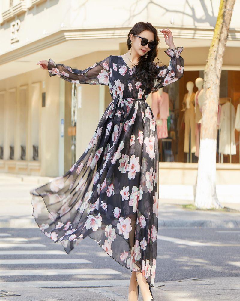 

Plus Size Dresses Summer Floral Maxi Dress Women's Sundress Chiffon Full Sleeve Loose Concert Holidays Beach Long Vestido Robes, Blue