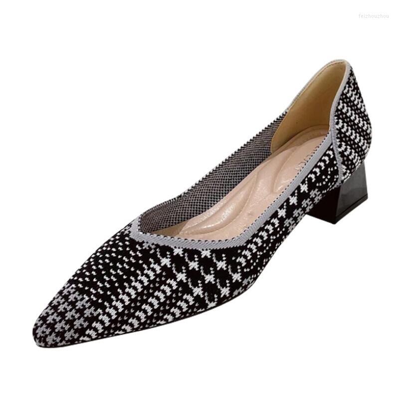 

Dress Shoes Europe And America 2023 Fashion Shallow Mouth Pointed Women's Knitted Single With Thick Heels 4CM, Beige