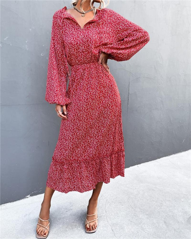 

Casual Dresses Summer Women V Neck Long Chiffon Dress 2023 Floral Print Full Puff Sleeve Maxi Boho Party Femme Robe, Green