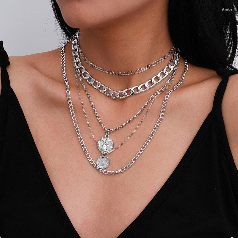 

Chains Punk Exaggerated Thick Round Figure Coin Pendant Necklace Women Vintage Multilayer Geometric Clavicle Jewelry