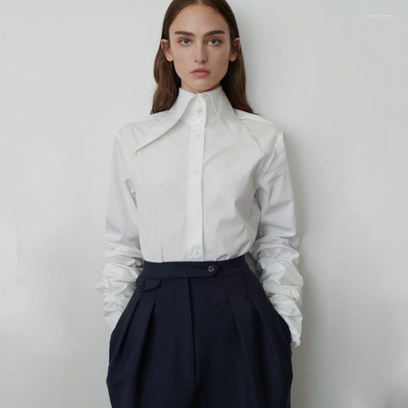 

Women's T Shirts TheR0w Spring/Summer Women Shirt Blouse Cotton White Shirring Long Sleeve O-neck Casual Turn-down Collar Vintage High