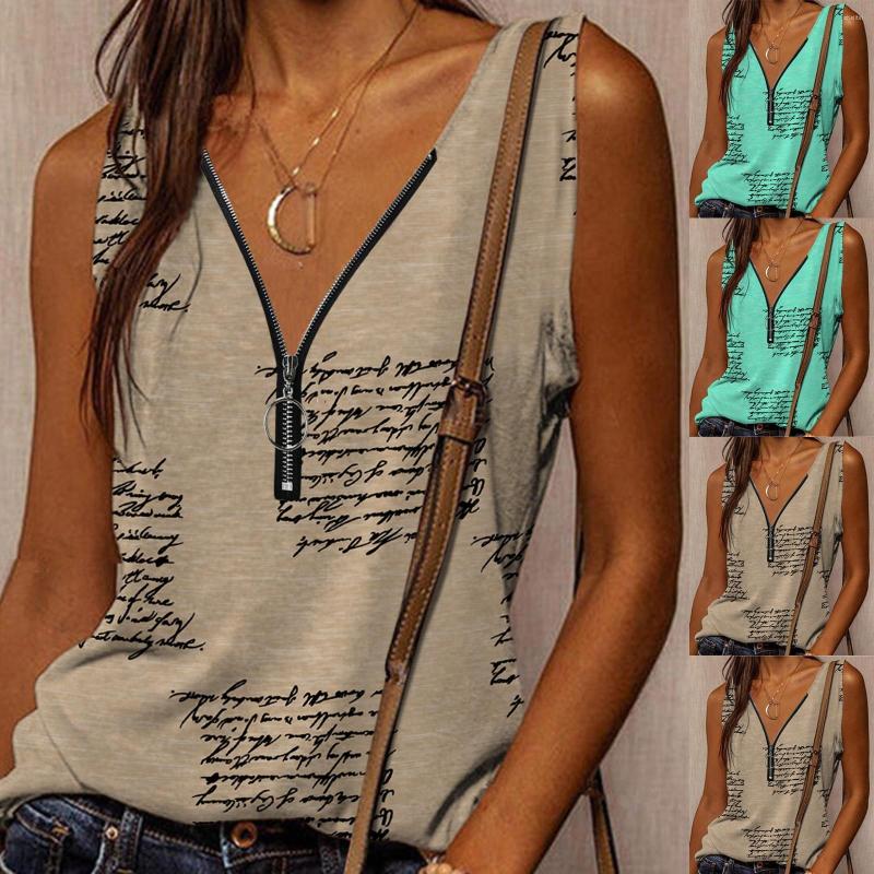 

Women' Tanks 2023 Summer Casual Tank Tops Women Print Zipper V Neck Splice Vest Sexy Sleeveless Loose Vests Ladies Shirt In Stock, Coffee