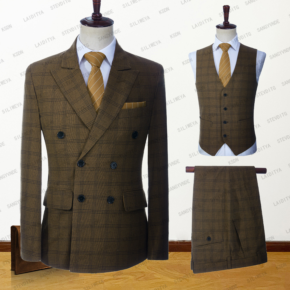 

Men's Suits Blazers Fashion Men Suits Double Breasted Summer Slim Fit Brown Linen Plaid Tuxedo Custom Made Groom 3 Pcs Set Jacket Vest Pant 230509, Wm-118-2