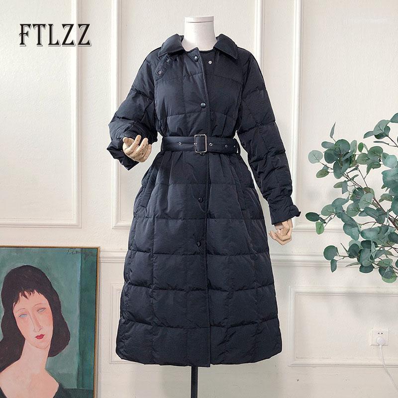 

Women's Down & Parkas Women Vintage White Duck Jacket Winter Single Breasted Long Puffer Female Slim With Belt Korean Coats Outwear1