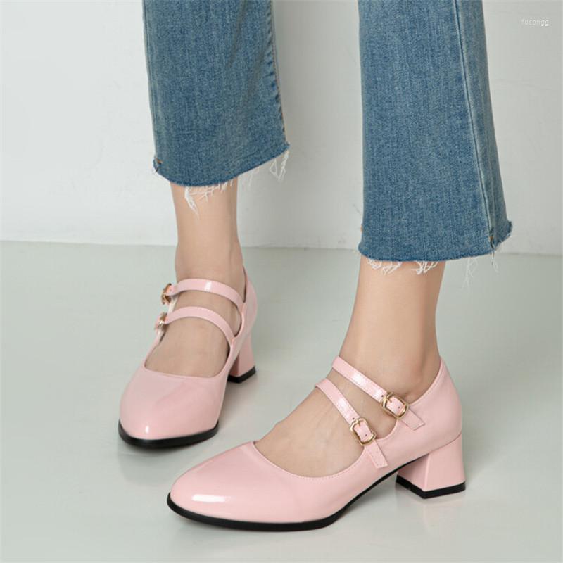

Dress Shoes Girls Patent Leather Block Med Heels Strap Black Red Pink Women 2023 Spring Autumn