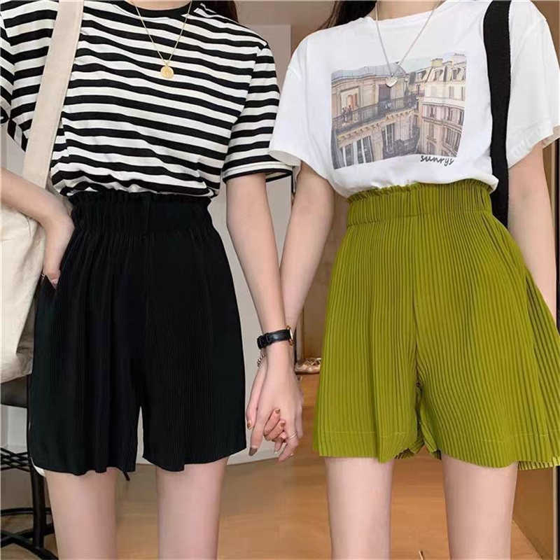 

Women's Shorts Womens Shorts High Waist Loose Casual Short Pants Summer Solid Color Elastic Waist Wide Leg Shorts Fashion Slacks Female Clothes AA230508, Black