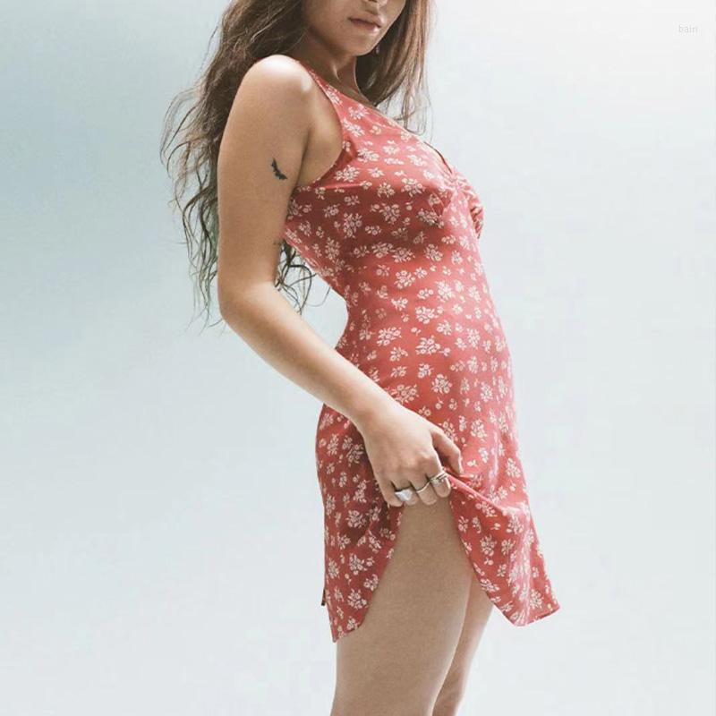 

Casual Dresses Women's Retro Print Front And Back V-neck Seeveless Mini Dress Female High Waist Open Suspender Short Robes