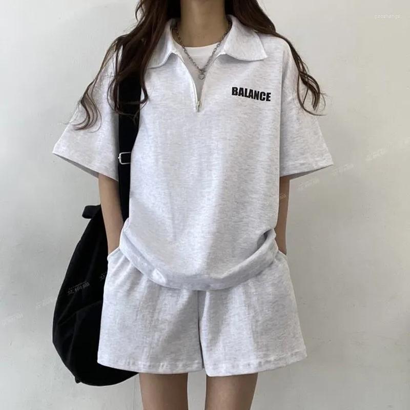 

Women's Tracksuits Shorts Suit Short Sleeve T-Shirt Chic Black Grey POLO Zippers Loose Casual Urbane 2023 Cotton Two Piece Set Sport Summer, Gray