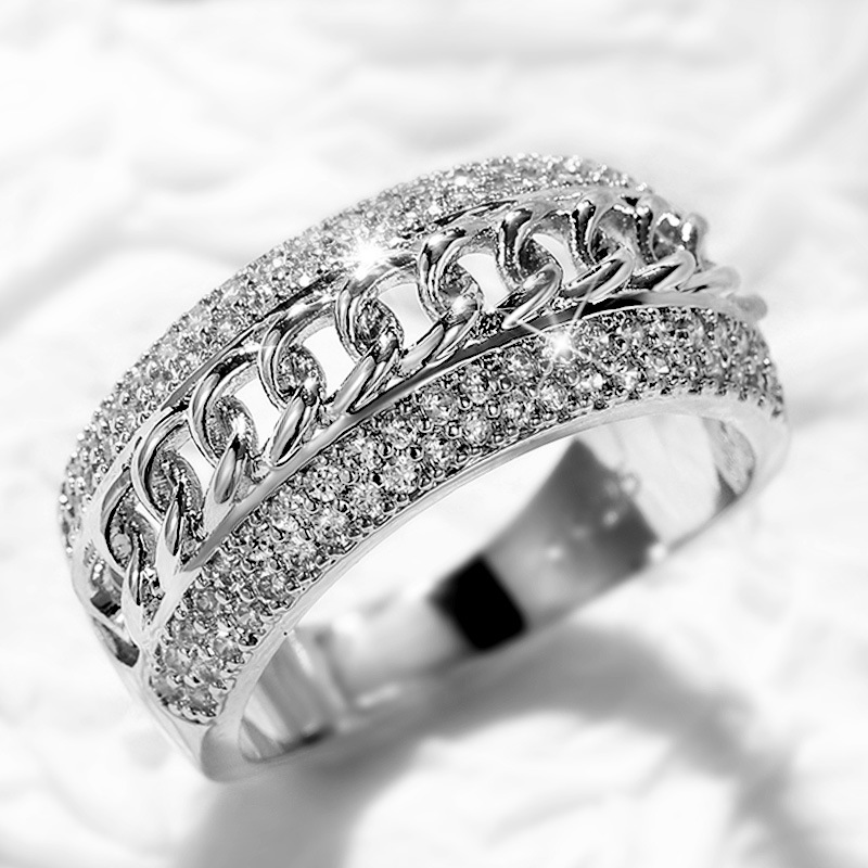 

Brand AAAAA Zircon Chain Ring Silver Color Engagement Wedding Band Rings for women Bridal Party Jewelry Gift