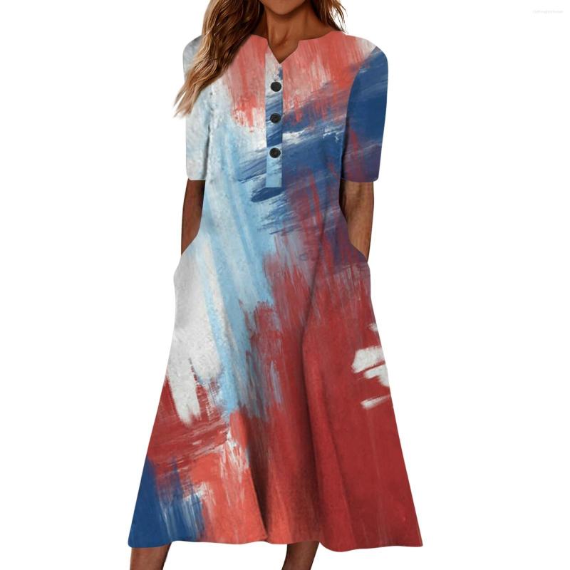 

Casual Dresses Summer Dress For Women Independence Day Printed V-Neck Short-Sleeve Beach Swing Elegant With Free Shi, Black