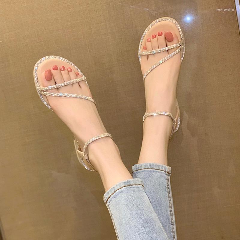 

Sandals 2023 Crystal Flat With For Women Summer Outwear Vacation Style Fashion All-match French Roman, Beige