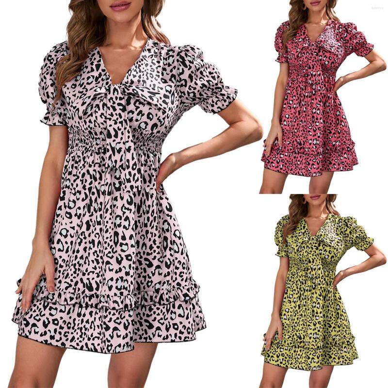 

Casual Dresses Summer Leopard Bow Short Sleeved Dress Women, Pink