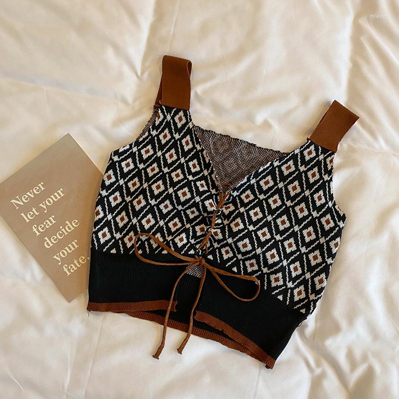 

Women's Tanks Knitted Korean Tank Crop Tops For Women High Street Plaid Lace Up Streetwear Sexy V Neck Cropped Camis 2023 Summer Clothes, Beige