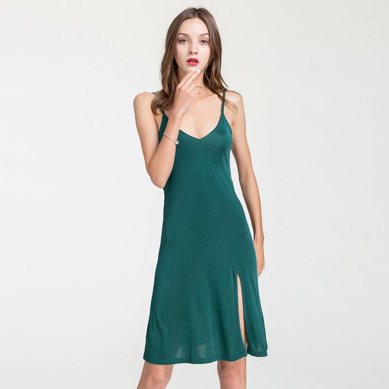 

Women's Sleepwear Silk Suspender Nightdress Female Sexy Temperament Split Medium Length Pajamas Wide Pine Mulberry Backing Petticoat 9030, Black