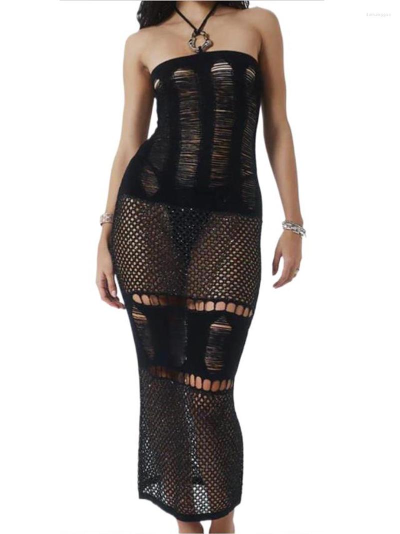 

Women' Swimwear Women Bikini Cover Ups Summer Knitted Crochet Cutout See-through Halterneck Dress For Beach Bathing Suit, Black