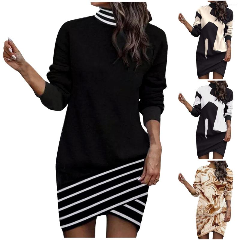 

Casual Dresses Elegant Women 2023 Fashion Slim Long-sleeved High-collar Print Dress Female Vestidos Women, Beige