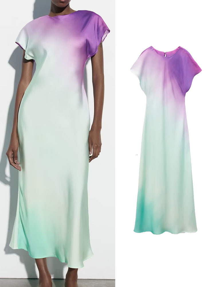 

Casual Dresses TRAF Elegant Women Tie-Dyed Long Dresses Fashion Summer Sleeveless Slim Sweet Vestidos High Street O-neckMid-Calf Outwear 230509, Shirt-1