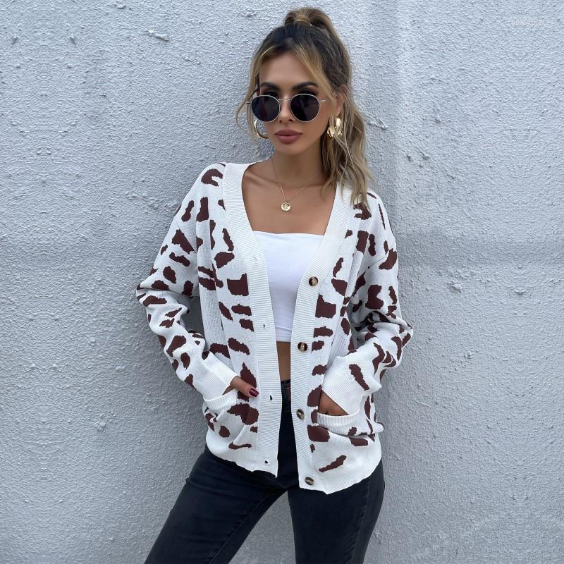 

Women' Knits Fashion Leopard Knitted Sweater Cardigan For Women Long Sleeve Button Up Knitwear Jackets Spring Casual Coat Oversized Tops