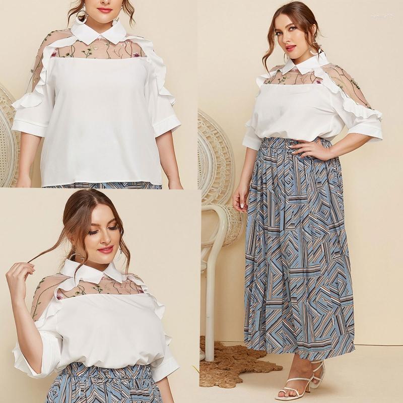 

Women's Blouses Ruffled Stitching Pullover Top Hollow Keyhole Back Women Embroidery Loose Blouse N7YE, White