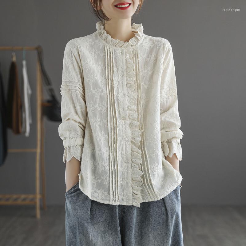 

Women's Blouses Spring And Summer Long-sleeved Lace Embroidered Shirt Japanese Ruffle Collar Solid Loose Single Breasted Casual Commute, White