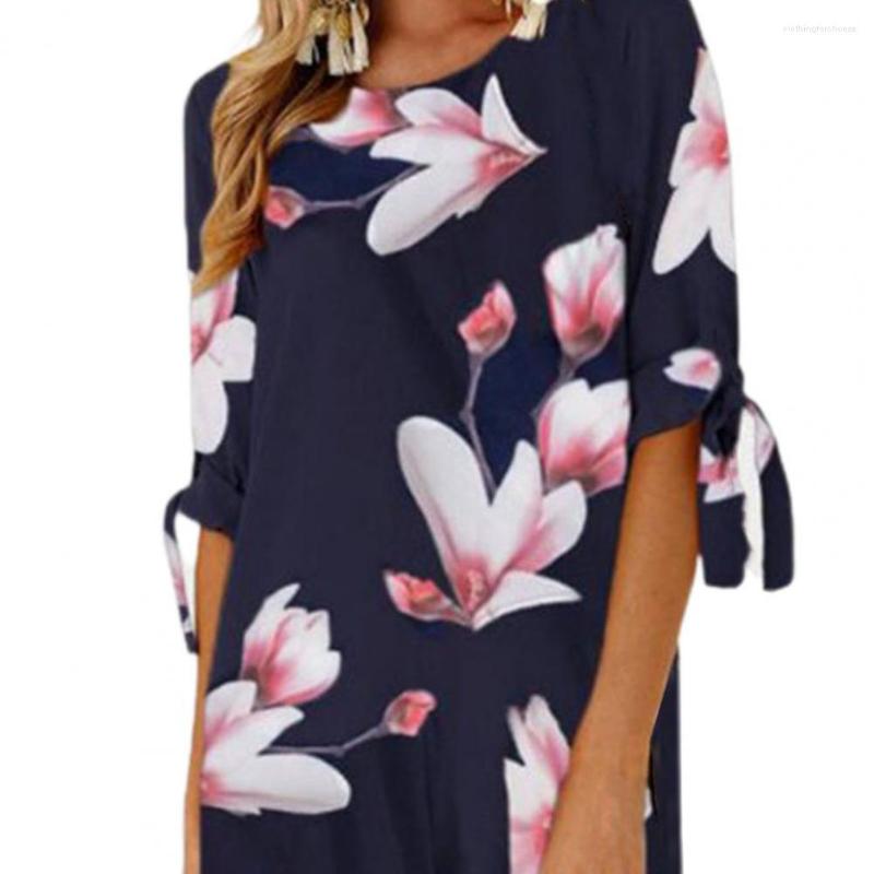 

Casual Dresses O-neck Simple Women Mini Dress Elegant Party Flower Print Tied Half Sleeve Loose Female Clothes, Blue
