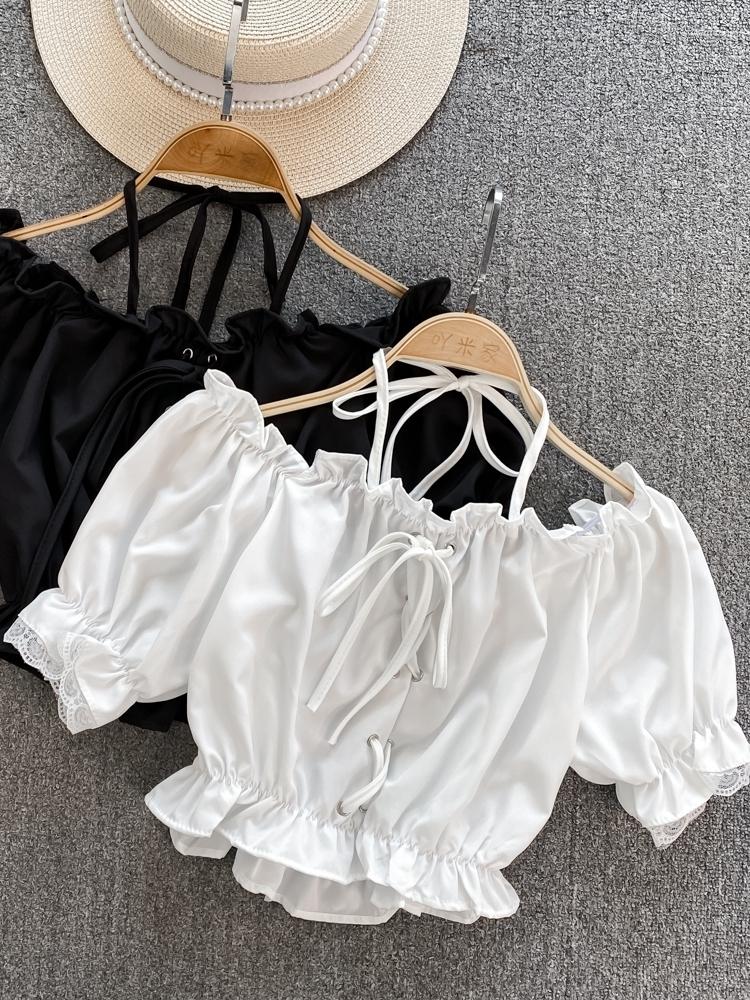 

Women's Blouses Chiffon Summer Casual Blouse Women Halter Elastic Waist Ruffled Off Shoulder Ladies Fashion 2023 Short Sexy Tops, Black