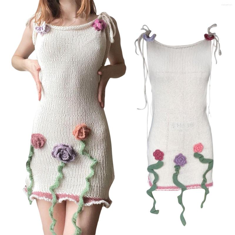 

Casual Dresses Fashion Female Crochet Flower Knit Dress 2023 Summer Sexy Women' Sleeveless Tie Shoulder Strap Slim Fit, Beige